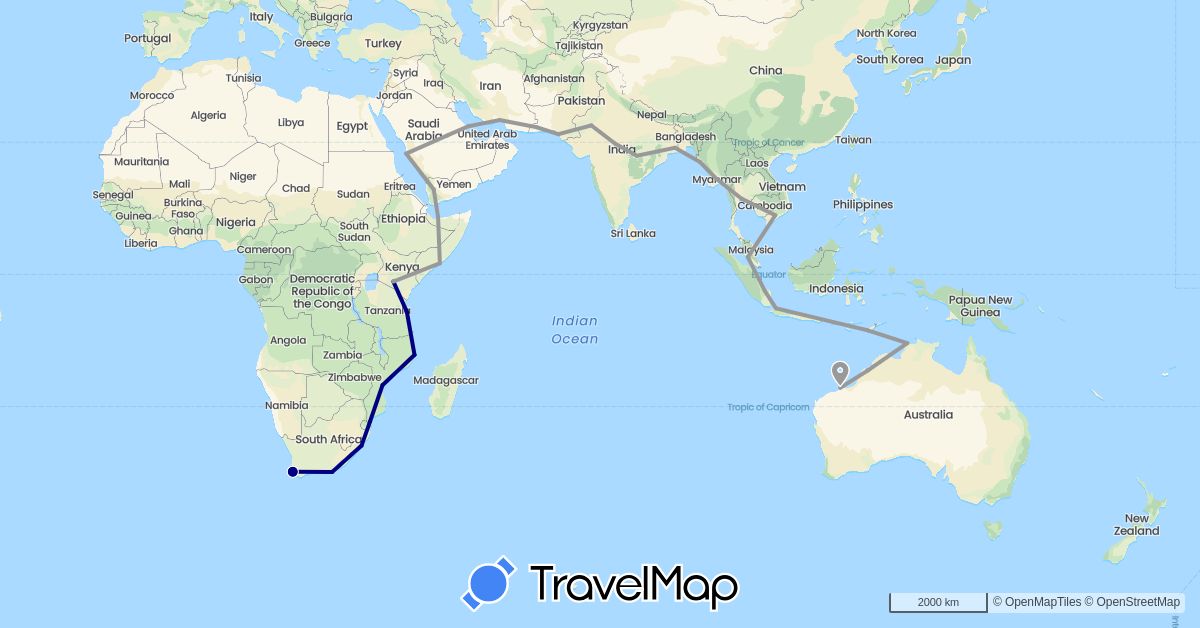 TravelMap itinerary: driving, plane in Australia, Bahrain, Indonesia, India, Iran, Kenya, Myanmar (Burma), Malaysia, Mozambique, Pakistan, Saudi Arabia, Somalia, Thailand, Tanzania, Vietnam, Yemen, South Africa (Africa, Asia, Oceania)